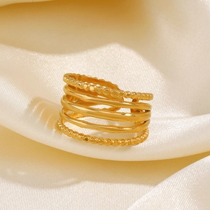 5-layer minimalist gold plated stainless steel wave ring with beaded texture and open band