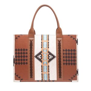 Detailed close-up of bohemian tote bag with geometric print and brown leather handles