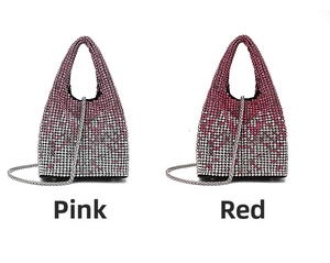 Detail view of pink and red gradient rhinestone bucket bags with silver chain straps