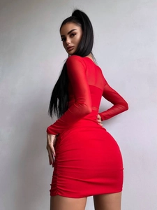 Sexy red bodycon mini dress with mesh patchwork and long sleeves for women