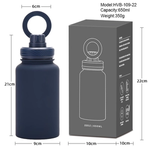 650ml navy blue insulated sport water bottle with magnetic phone mount and packaging details
