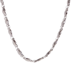 Modern silver stainless steel necklace with polished oval beads on a white background
