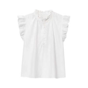 Women's white sleeveless linen blend blouse with elegant ruffle trim on a plain background