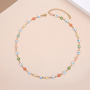 Colorful floral evil eye necklace with gold chain and multicolored enamel flowers