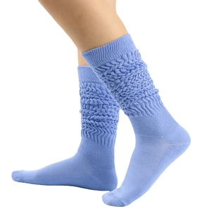 Thick light blue slouch socks featuring a ribbed knit pattern for a vintage warm look