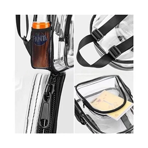 Detail shots of PVC transparent backpack featuring black mesh pocket and durable zippers