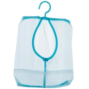 Blue portable mesh storage bag with hook for bathroom, laundry and kitchen organization