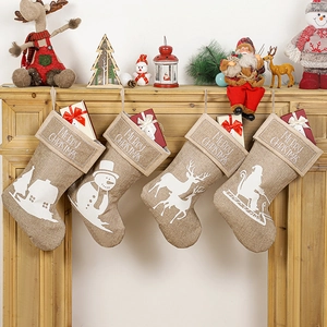 Christmas Stockings Burlap Linen Hanging Holiday Decor Fireplace Santa Snowman Reindeer House Pattern White Silhouette