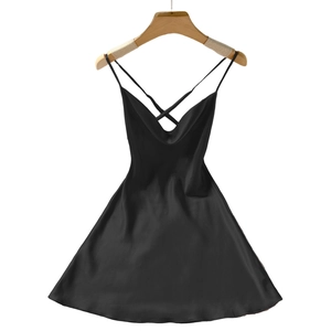 Elegant black silk slip dress featuring a backless cross strap design and satin finish
