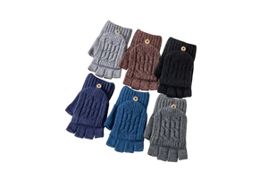 Flat lay of six colored knitted flip-top gloves with wooden buttons on white background