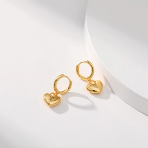Minimalist 18K gold geometric heart pendant earrings with high-polish mirror finish