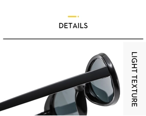Detail view of wide black temples and lightweight frame on trendy oval sunglasses