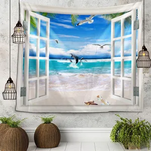 Detail of a large tapestry featuring a 3D window sea view with dolphins and palm trees