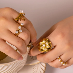 Adjustable Open Rings For Women 18K Gold Plated Stainless Steel Irregular Geometric Faux Artificial Pearl Minimalist INS Style