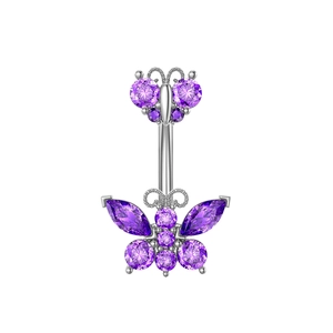 Macro shot of silver navel ring featuring dual purple zircon butterfly accents
