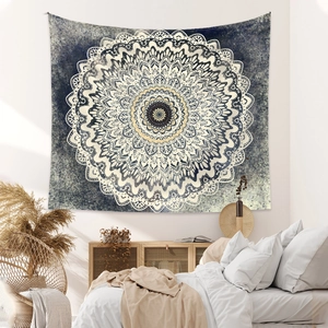 Bohemian mandala wall tapestry in navy and beige for cozy bedroom wall decoration