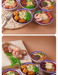 Dettaglio macro di una ciotola di ramen artificiale realistica con texture e condimenti