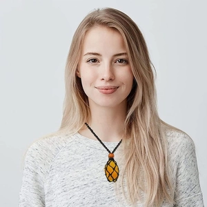 Handmade woven net necklace with adjustable black wax cord and yellow crystal stone