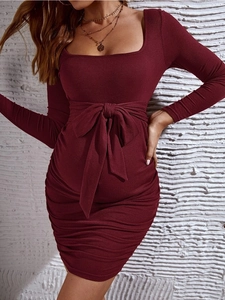 Slim fit square neck maternity knit dress in burgundy with long sleeves and waist tie