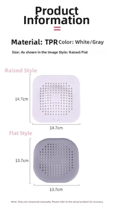Flat and raised square TPR sink filters in white and grey with central drainage holes