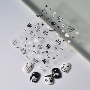 Autocollants à ongles avec motifs de chats noir et blanc et graffitis minimalistes