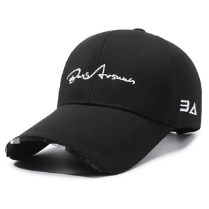 Classic black cotton baseball cap with white script embroidery and extended brim