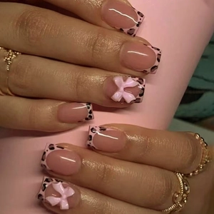 Press On Nails French Leopard Print With 3D Pink Bow Square Shape ABS Detachable False Nails For Women