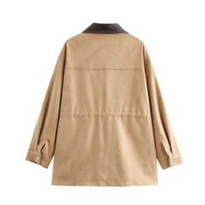 Women's long faux suede coat in khaki with contrast brown collar and waist-cinched back