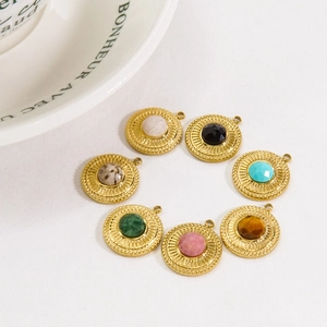 Bohemian 14K gold plated stainless steel round pendants with colorful natural stones