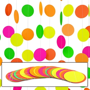 Neon paper circle garland with pink, green, orange, and yellow hanging party decorations