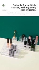 Macro shot of 24-slot transparent acrylic lipstick organizer with a tiered grid design