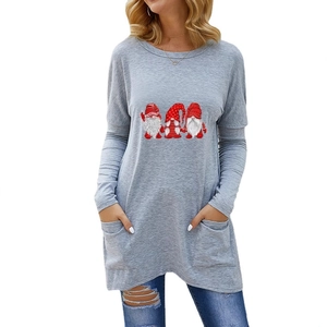 Women's light grey long sleeve Christmas gnomes print tunic sweatshirt with pockets