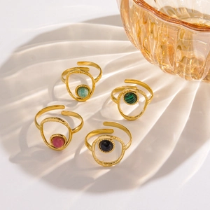 Minimalist 14K gold plated stainless steel open rings with colorful natural stone inlays