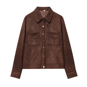 Women Suede Jacket Long Sleeve Lapel Collar Button Down Casual Solid Color Outerwear With Flap Chest Pockets