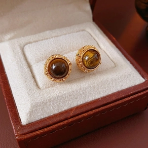 Vintage gold stud earrings with tiger eye stone set in premium red leather jewelry box