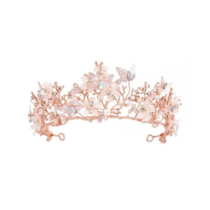 Baroque rose gold bridal crown with pink enamel flowers, butterflies and pearls