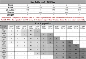 Size guide for men's deer embroidered polo shirt showing EUR size measurements and height weight chart