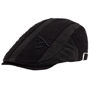Vintage black cotton beret cap with embroidered letter A and distressed raw edges