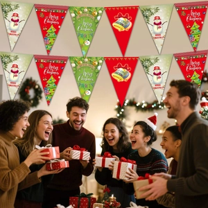 Close-up of festive Christmas bunting flags featuring snowman and tree icons in party scene