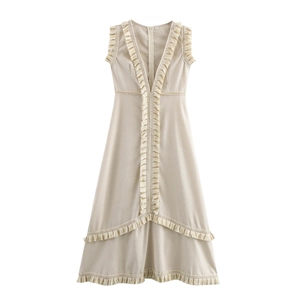 Robe Maxi Sans Manches Femme Col V Détails Franges Gland Style Bohème Vacances Plage Taille Haute Resort