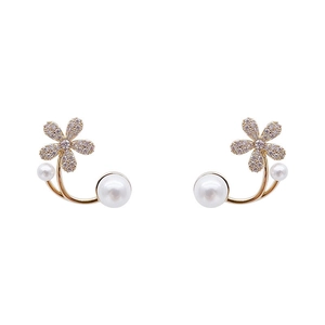 Elegant gold flower earrings with sparkling crystals and twin white pearls for women