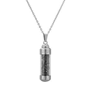 Detail of stainless steel perfume bottle necklace with colorful stones and Greek pattern