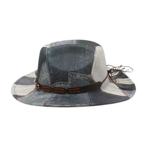 Detail of patchwork denim fedora with brown leather band and turquoise bead accents