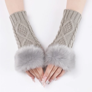 Grey knit fingerless gloves with faux fur cuffs and cable knit pattern for women
