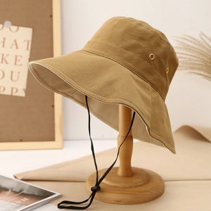Khaki outdoor sun hat with wide brim, breathable metal vents and adjustable windproof cord