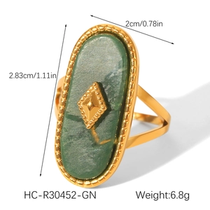 Detailed size view of an 18K gold stainless steel ring with green natural stone inlay