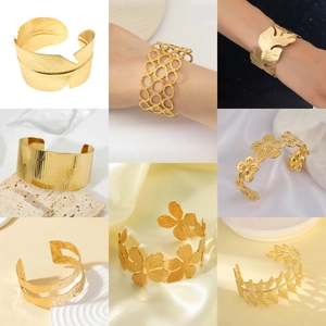 Gold Plated Stainless Steel Cuff Bracelet Wide Open Adjustable Hammered Leaf Flower Design Fashion Jewelry For Women