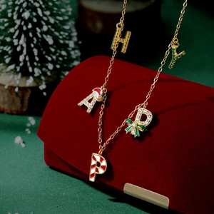 S925 sterling silver golden HAPPY necklace with Christmas hat and pearl charms
