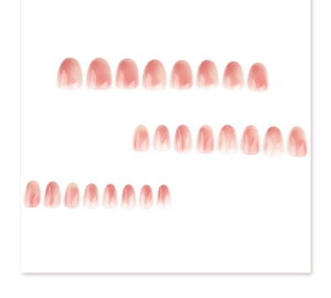 Flat lay of 24pcs pink ombré press-on nails with glossy jelly finish on white background
