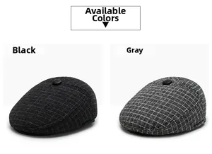 Close-up of thick plaid wool flat caps for men in black and grey winter textures